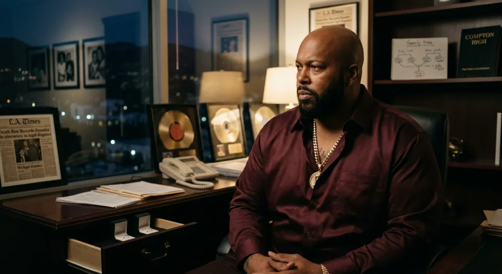 Bald bearded man in maroon shirt sitting in office desk surrounded by gold records, family tree notes, and framed newspaper clippings