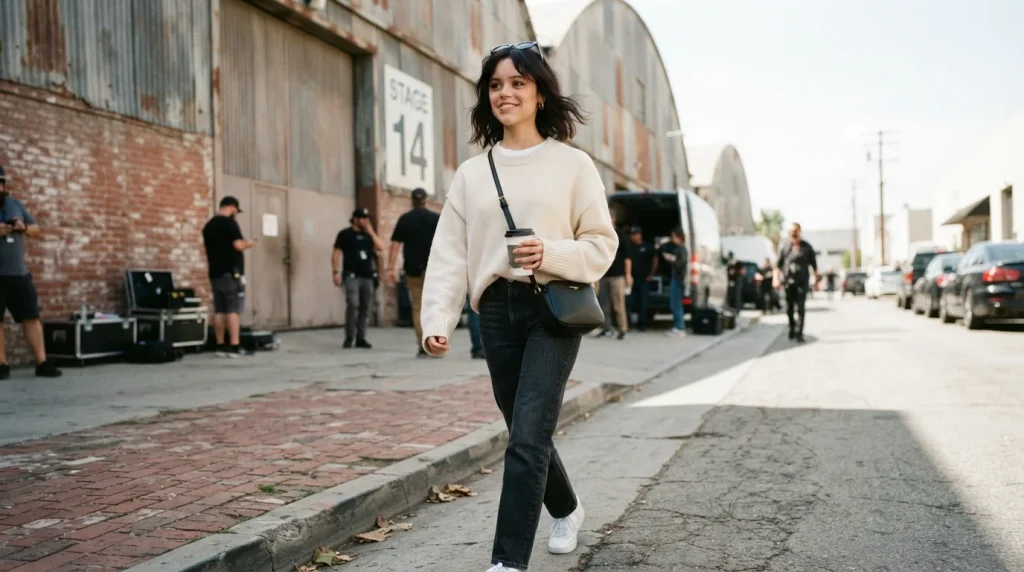 Jenna Ortega arriving at a film studio in 2026
