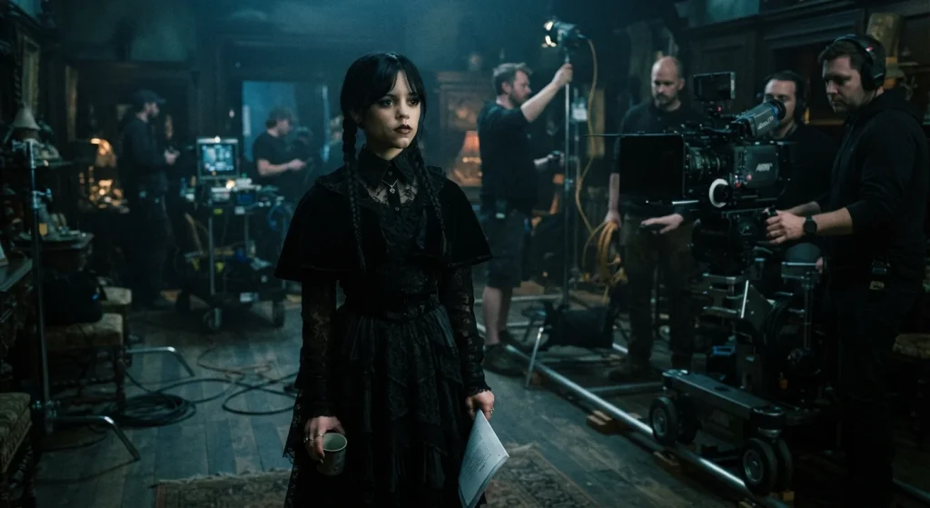 Jenna Ortega on set during production of Wednesday