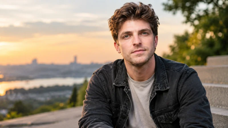 A young man sitting outside on steps during a sunset.